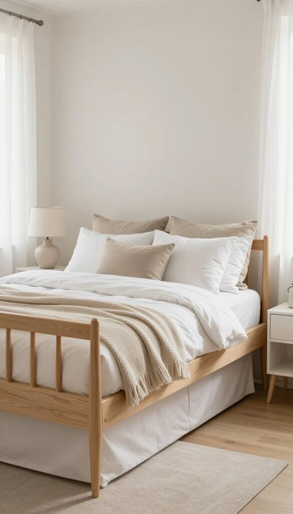 Light wood daybed with trundle, neutral pillows, white duvet, side table with lamp, in bright guest bedroom with natural light.