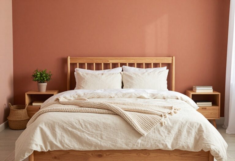 Cozy girls bedroom with terracotta wall and natural wood bed