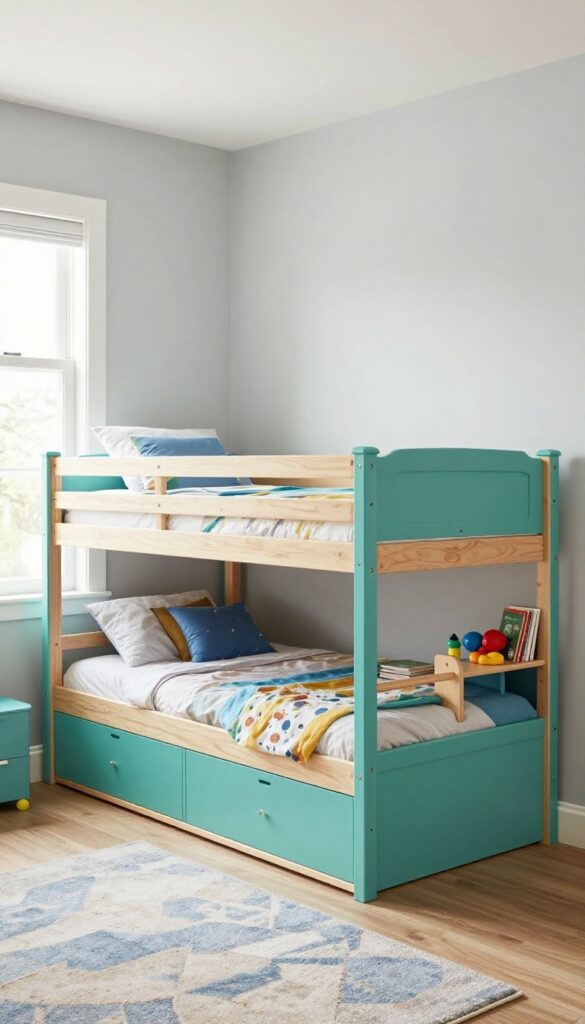 Colorful teal bunk bed with built-in storage drawers and shelves in a bright kids' bedroom