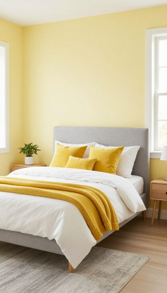 Modern girl's bedroom with pale yellow walls, gray furniture, white bedding, yellow cushions, and natural light.