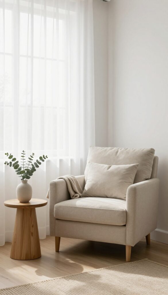 Cozy seating area in a guest bedroom with an armchair, side table, lamp, and eucalyptus by a window