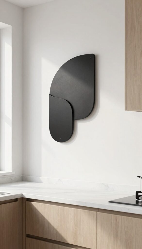 Modern kitchen with minimalist metal wall sculpture in matte black, casting shadows on white wall, natural light, clean composition