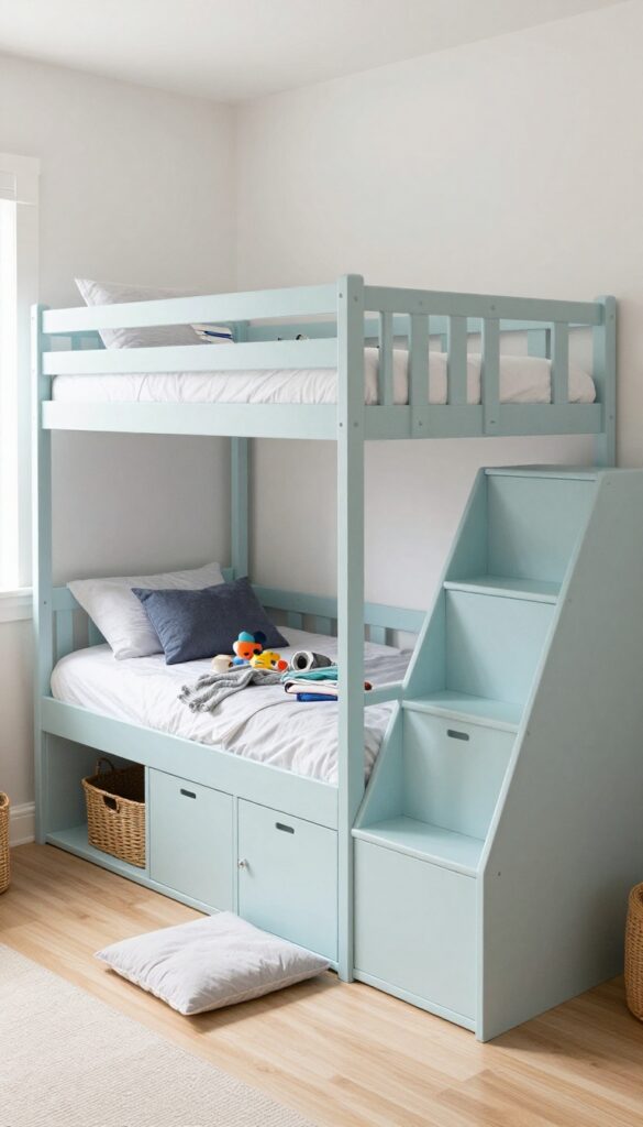 Bunk bed with built-in storage stairs in a bright kids' bedroom