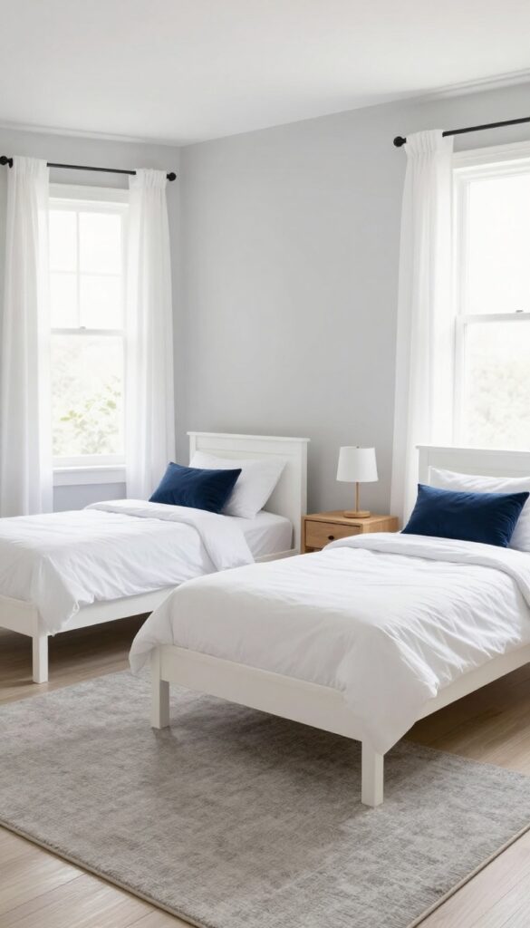 Symmetrical twin beds with matching white headboards and bedding, side by side on a grey rug in a bright bedroom.