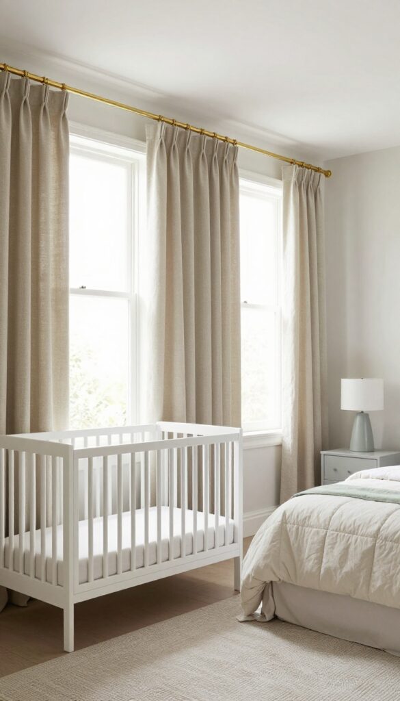 Bright nursery guest room with soft ivory blackout curtains open, letting in natural light, white crib and guest bed, pale sage accents, brushed brass rod.