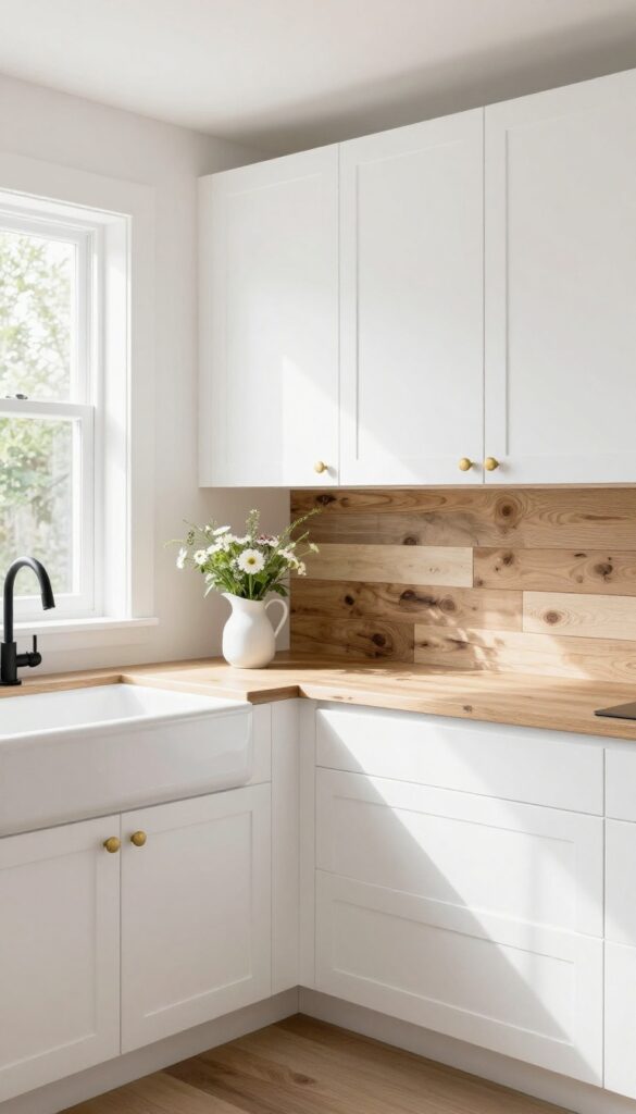 Bright kitchen with white cabinets and reclaimed wood plank backsplash, farmhouse sink, matte black faucet, fresh flowers, natural light.