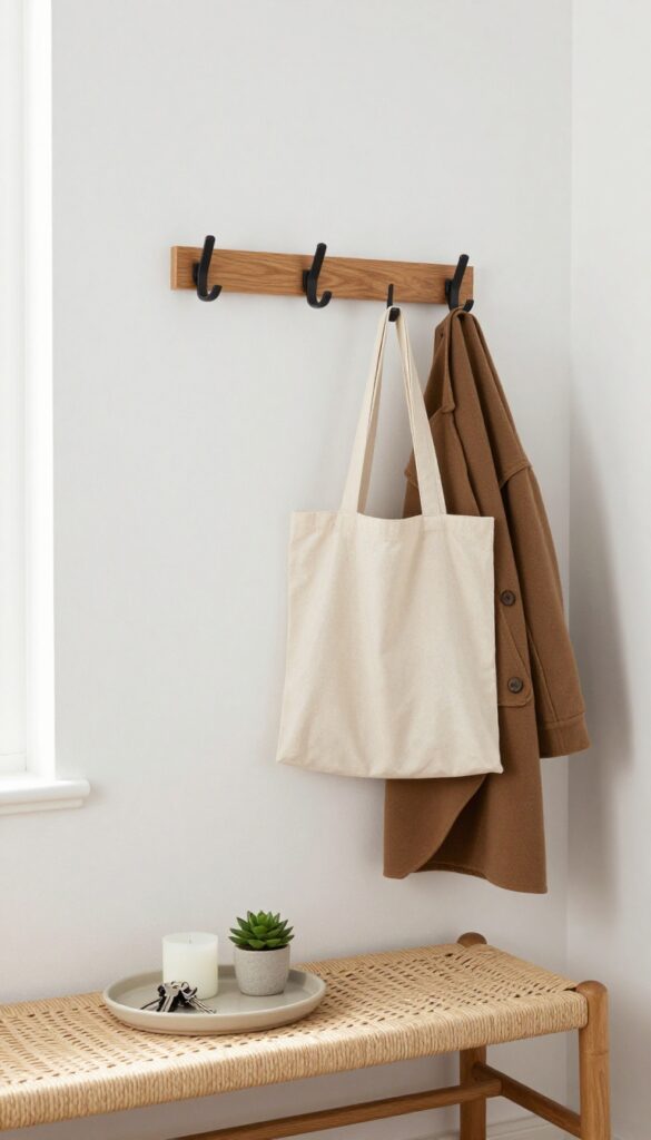 Cozy guest bedroom corner with wall hooks and a small wooden bench for a drop zone