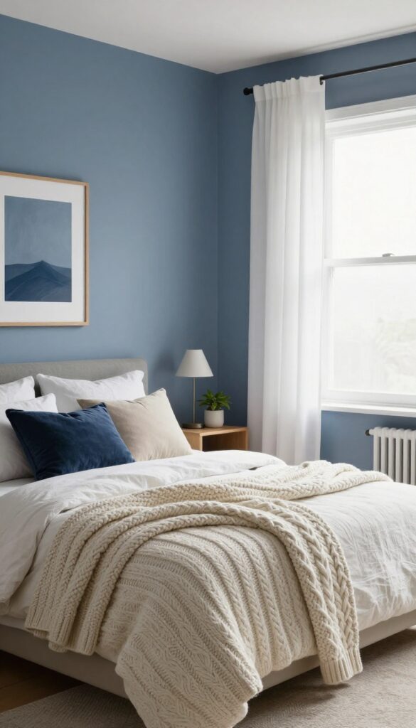 Dusty blue and cream layered bedroom with cozy textures and natural light
