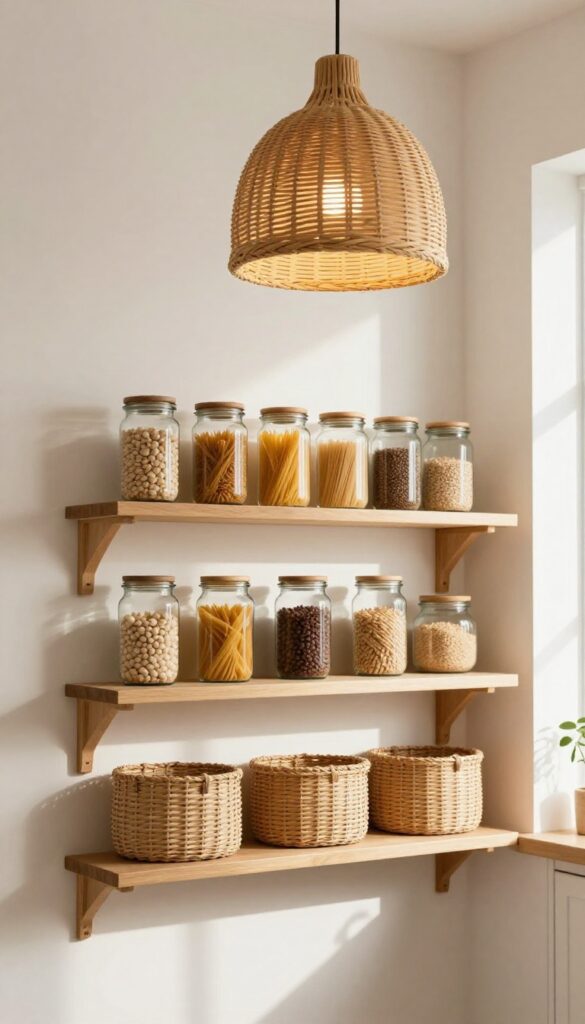 Cozy kitchen store room with warm pendant lighting, organized jars and baskets on open shelving