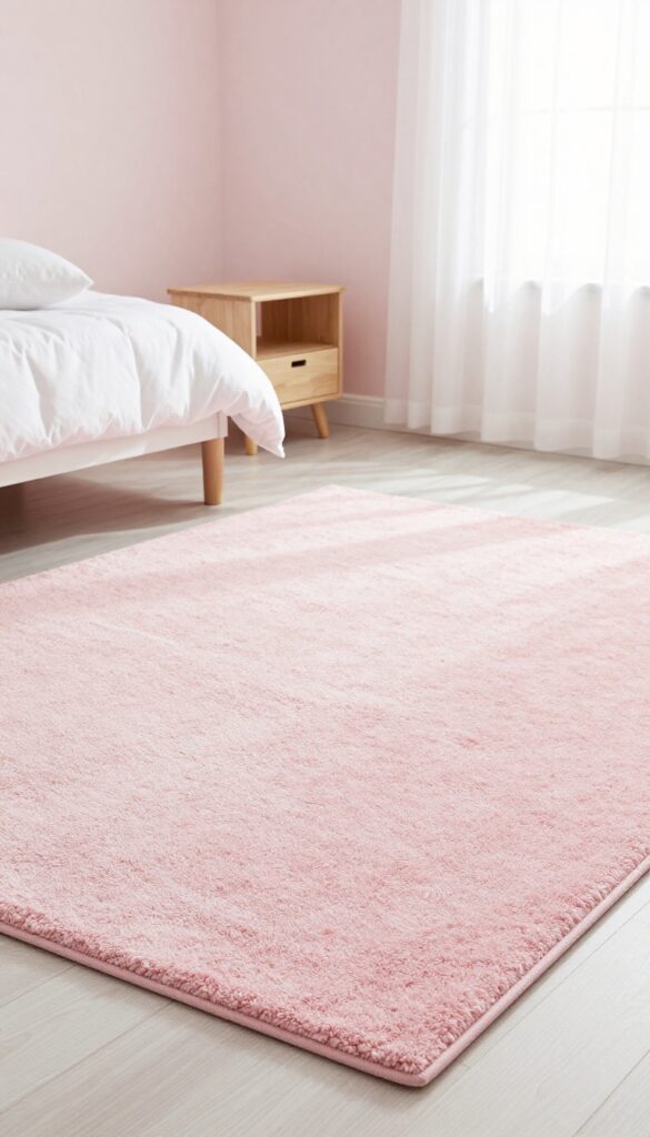 Pink girls bedroom with soft pink shag rug anchoring the room, white bed and nightstand, natural light, cozy and layered.