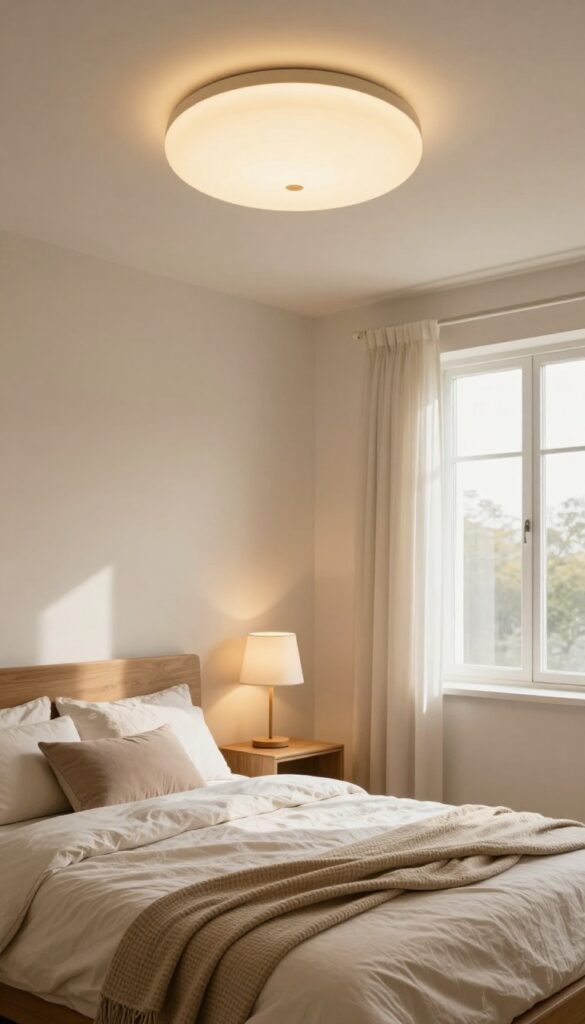 Cozy small bedroom with layered lighting from ceiling light, table lamp, and floor lamp, creating depth and warmth.