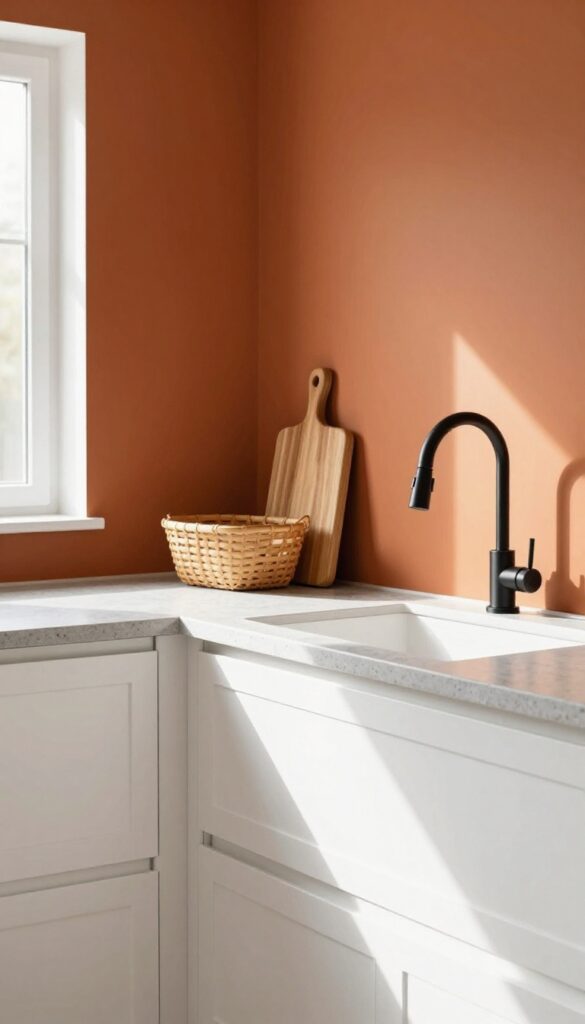 Kitchen with white cabinets and an orange accent wall, featuring natural light and simple decor.