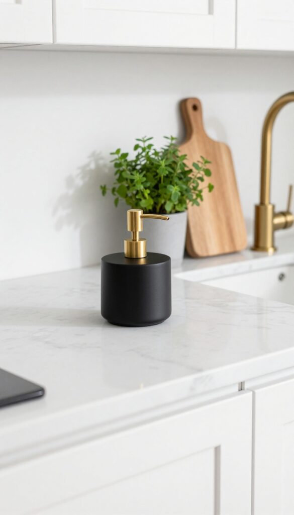 Matte black soap dispenser with brass pump on white marble countertop in bright kitchen
