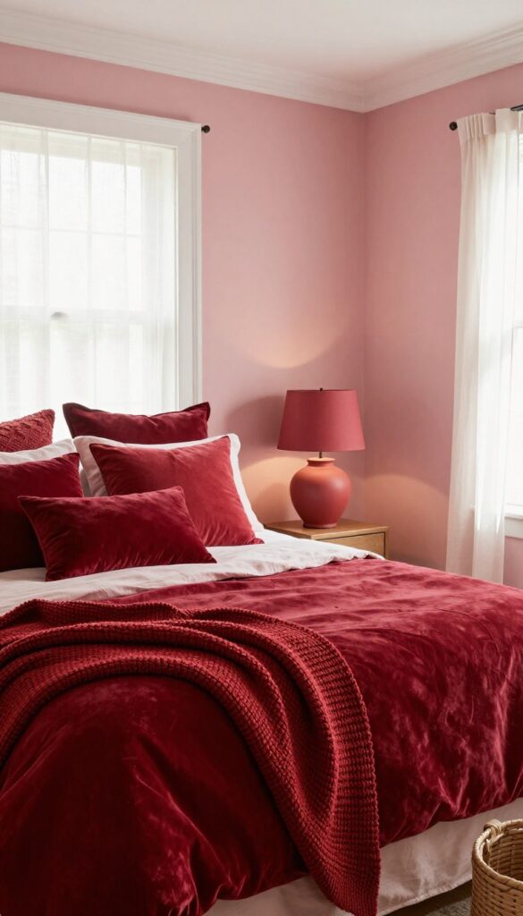 Monochromatic red bedroom with soft dusty rose walls, white trim, and layered red textiles in velvet, linen, and knit, bathed in natural light.
