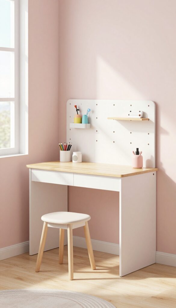 Wall-mounted desk in a small teen bedroom with stool and pegboard, bright natural light