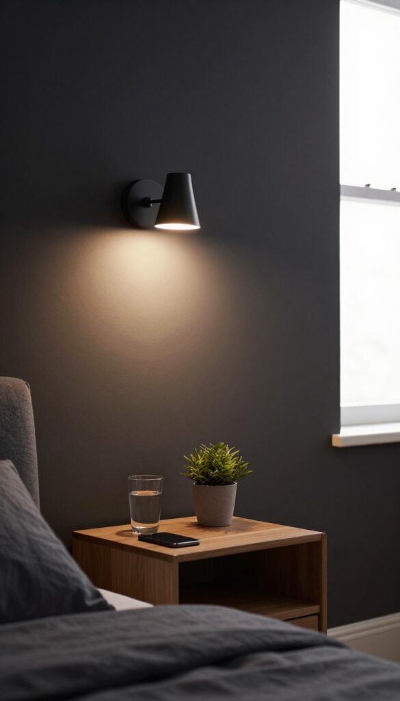 Wall-mounted sconce over a small nightstand in a dark-toned bedroom, freeing up surface space.