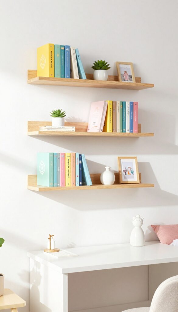 Floating shelves in a preteen girl's bedroom displaying books, a plant, a photo, and a figurine, with soft natural light.