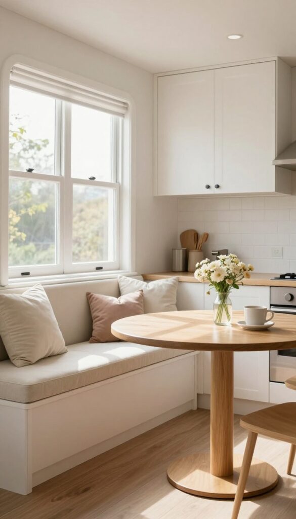 Cozy mobile home kitchen with a small banquette and bistro table in a bright corner