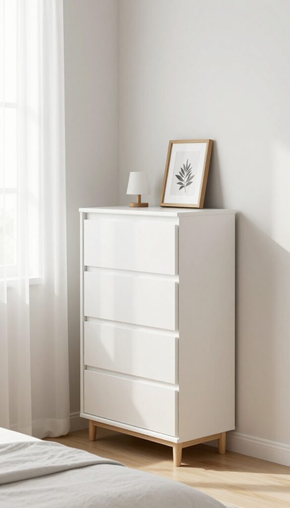 Tall slim dresser in a small bedroom corner with light wood finish, minimal decor, and natural light.
