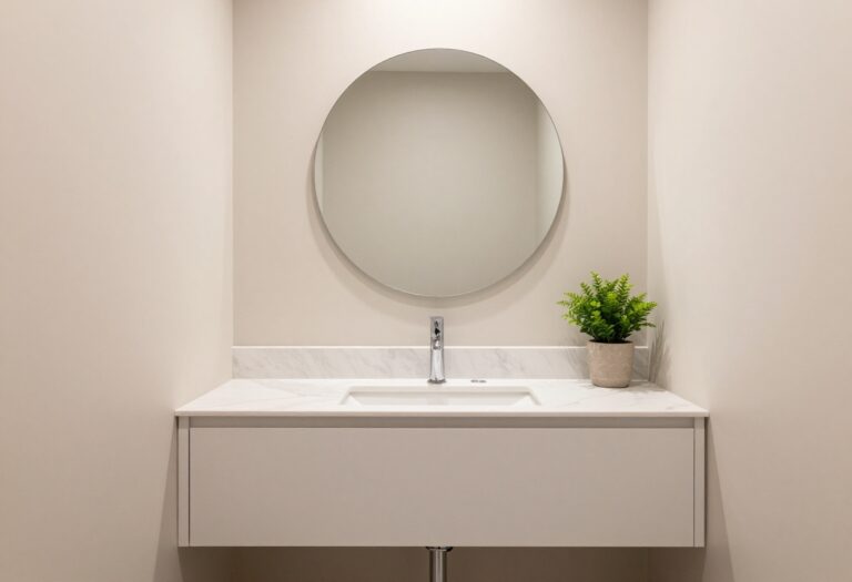Small luxury guest toilet with floating vanity and marble countertop