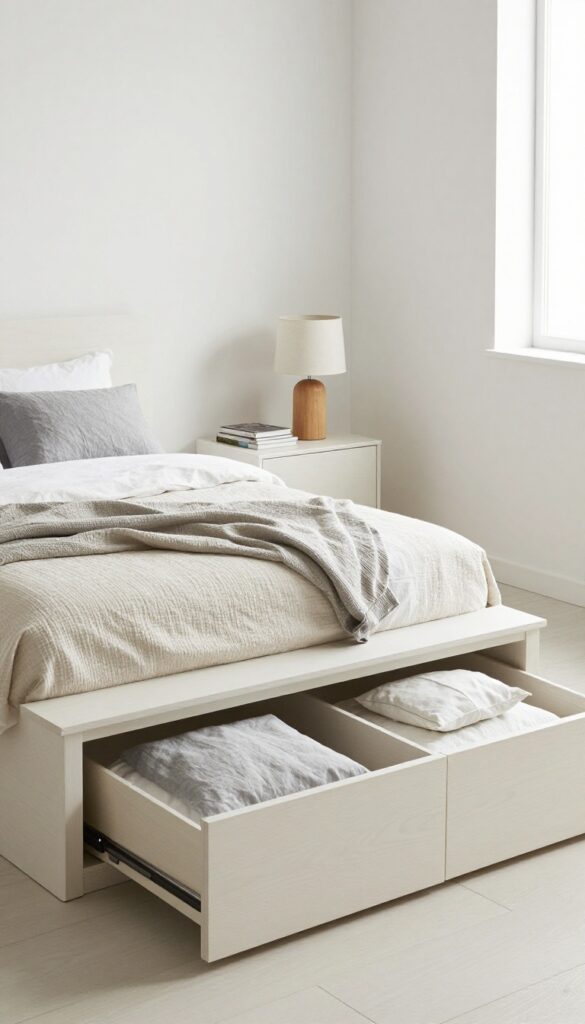 Modern boy's bedroom with platform bed featuring built-in drawers, light wood finish, textured quilt, and minimalist decor.