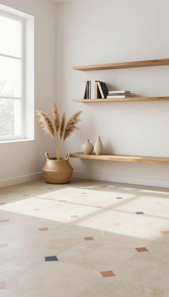 Living room with patterned encaustic tile floor and wall-mounted shelves