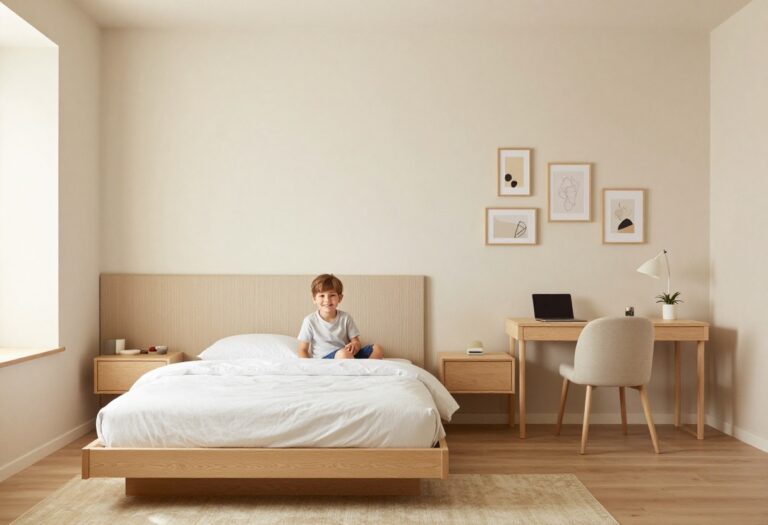 Cozy small teenage boy's bedroom with platform bed, warm neutrals, and floating nightstands