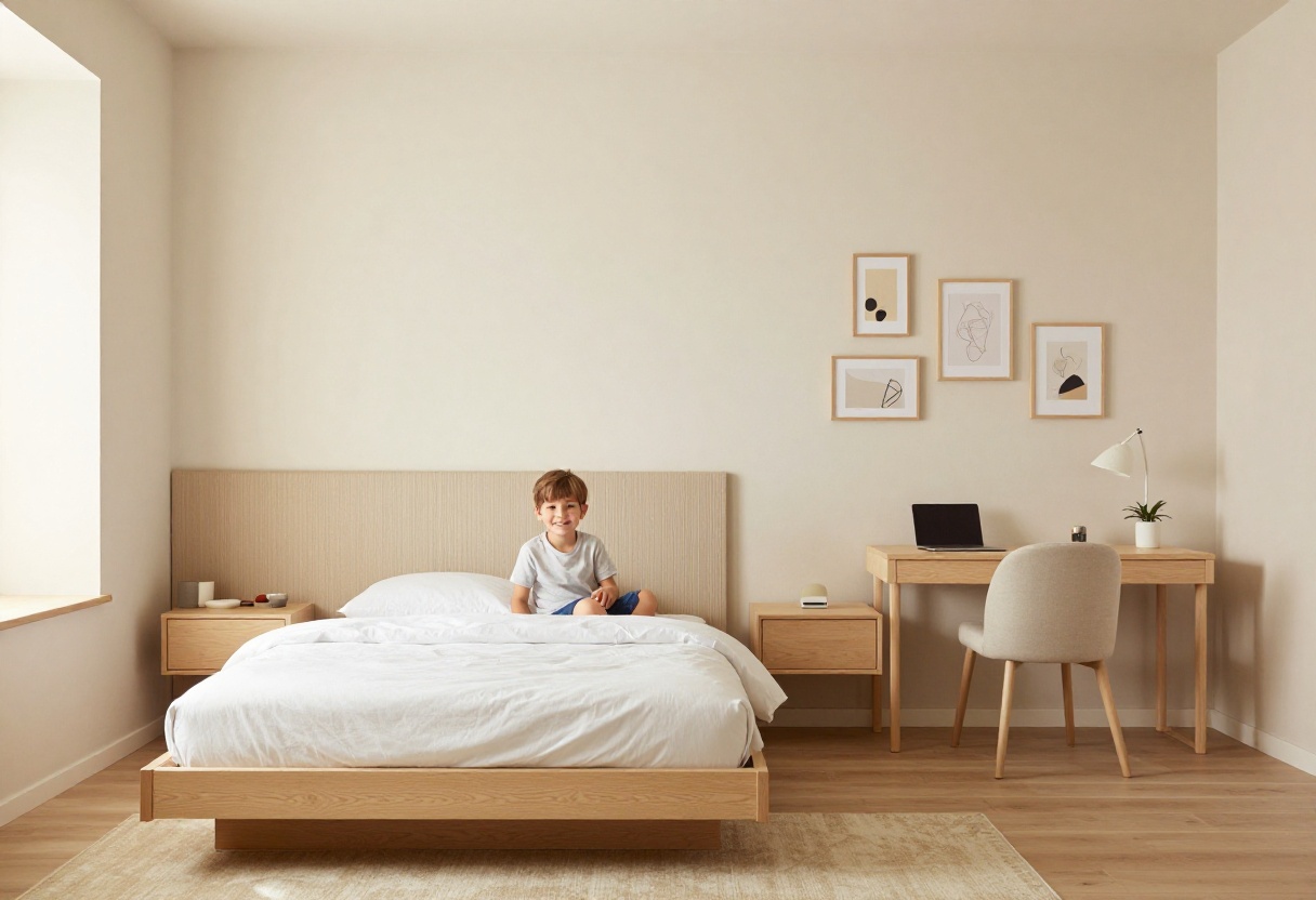 Cozy small teenage boy's bedroom with platform bed, warm neutrals, and floating nightstands