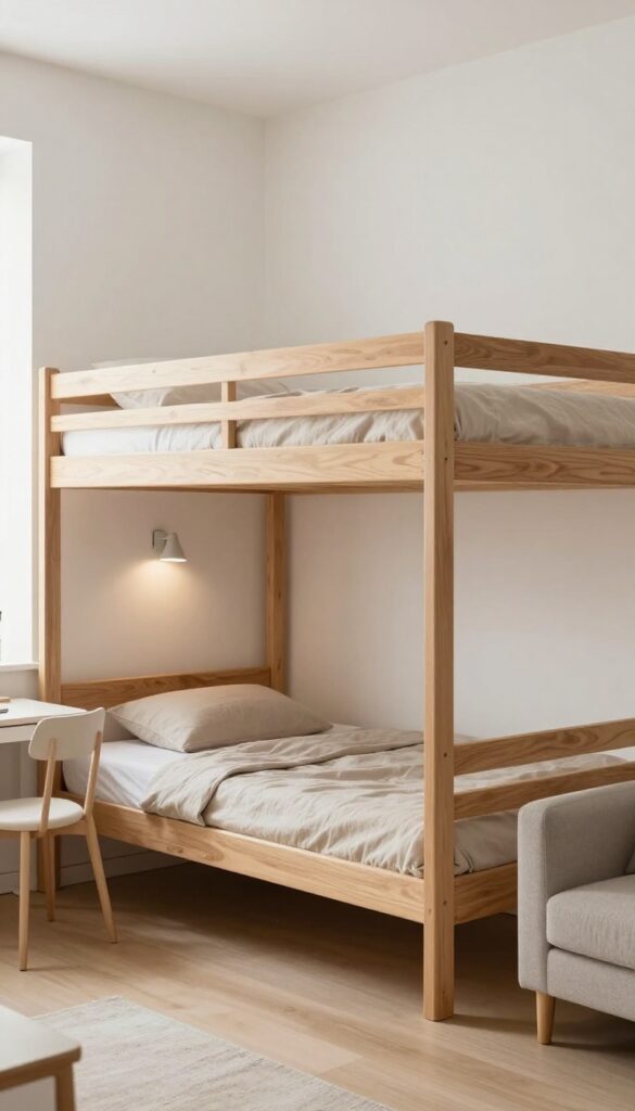 Modern twin bunk bed in warm wood with neutral linens, wall-mounted reading lamp, rolling cart underneath, small desk and armchair beside, bright natural light, minimalist guest room.