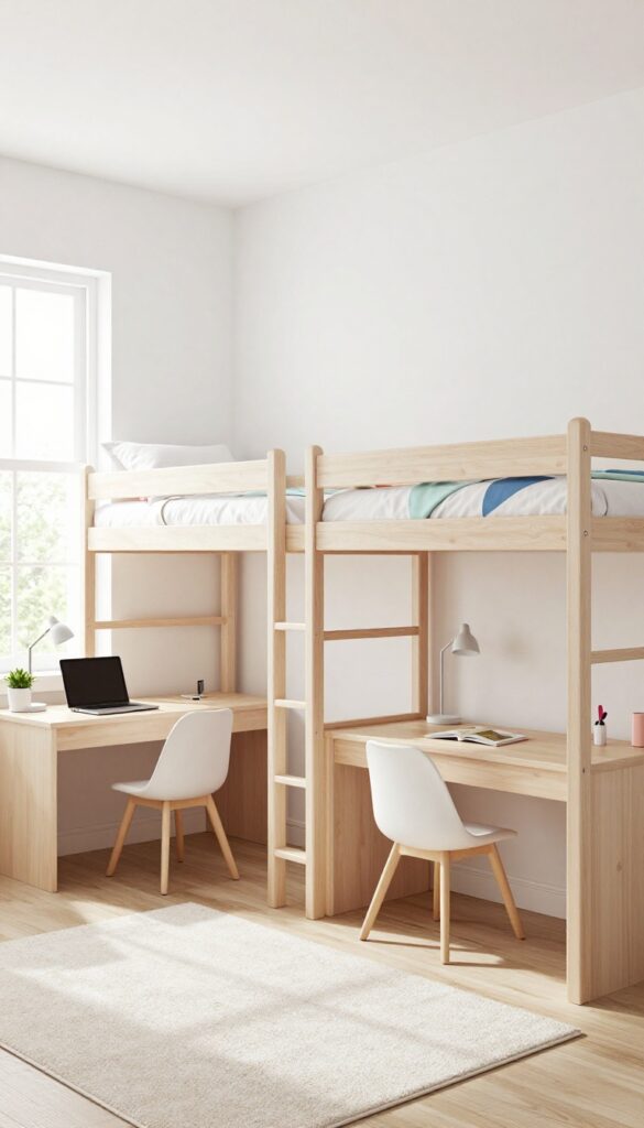 Two lofted beds with desks below in a bright, airy shared children's bedroom