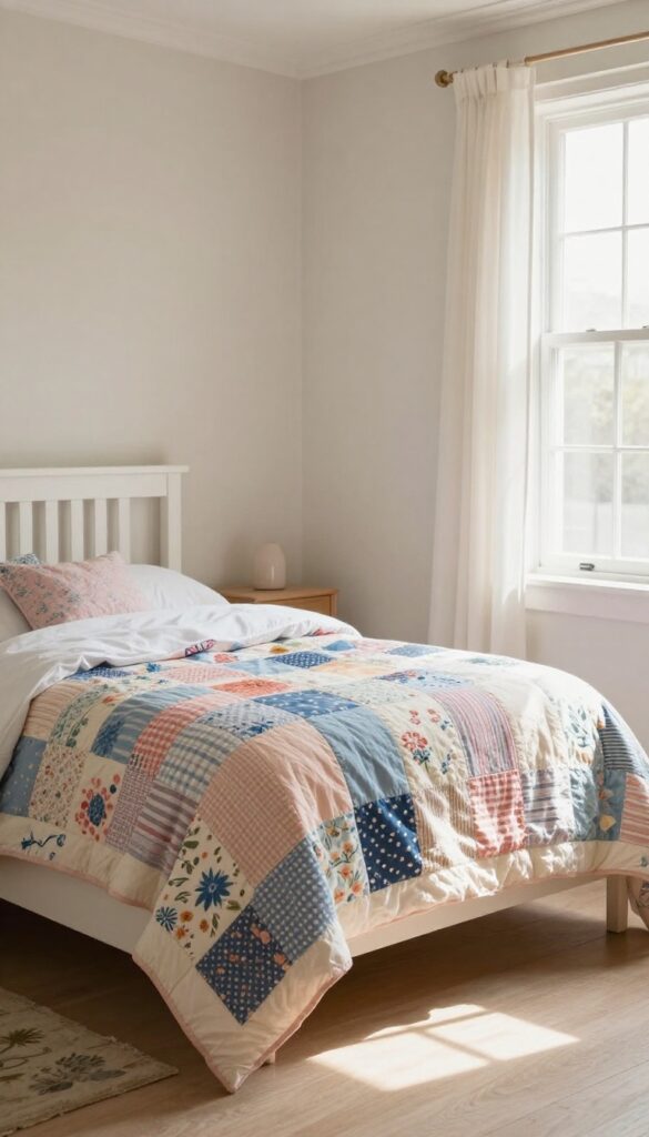 Vintage girls bedroom with patchwork quilt draped over foot of bed, neutral walls, natural light.