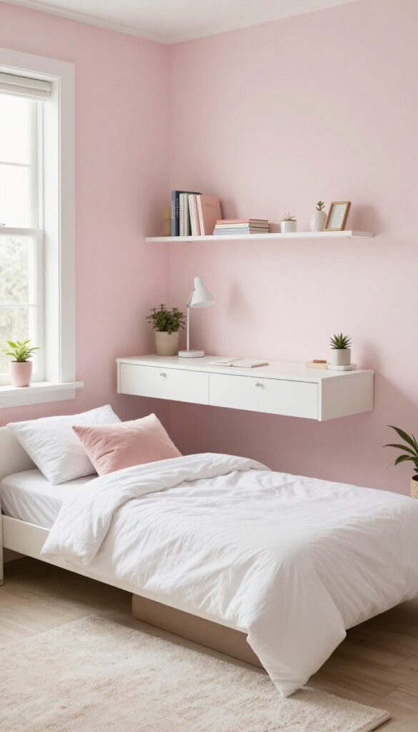 Teen girl's bedroom with daybed trundle and floating desk above headboard
