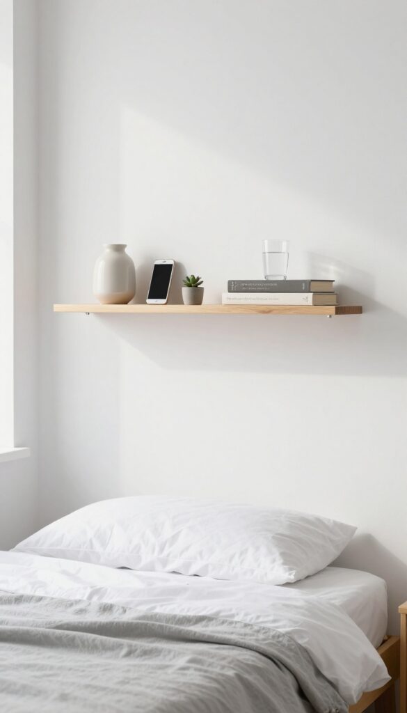 Floating shelves used as nightstands on either side of a bed in a small bedroom, with a lamp, phone, plant, books, and glass of water on the shelves.