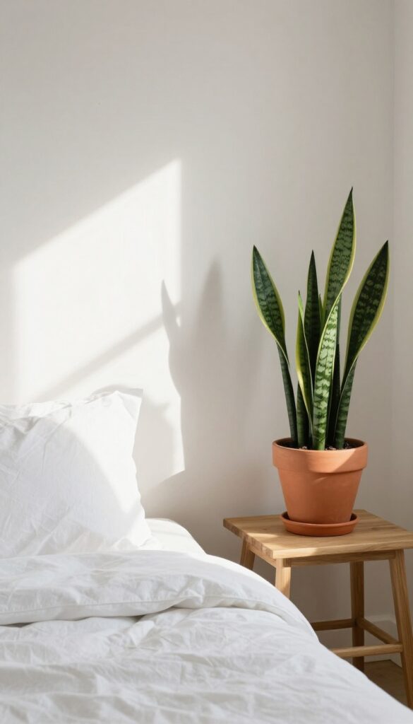 Small bedroom with a snake plant in a terracotta pot on a nightstand, bright natural light, neutral decor