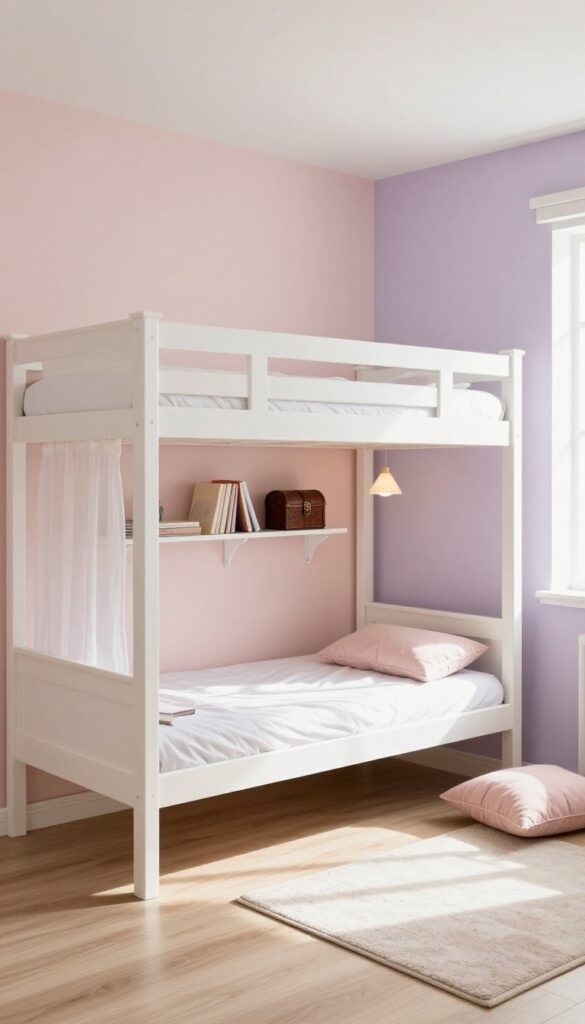 L-shaped built-in bunk beds with personalized nooks in a twin girls' bedroom