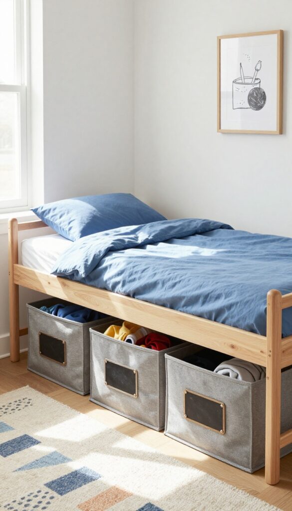 Under-bed storage bins on wheels in a boys shared bedroom