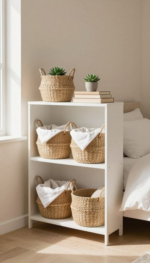 Guest room with open shelving and woven baskets holding extra linens, natural light, minimalist decor.