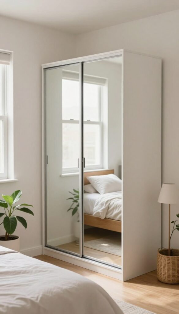 Corner wardrobe with mirrored sliding doors in a small bedroom, reflecting light and making the room appear larger.