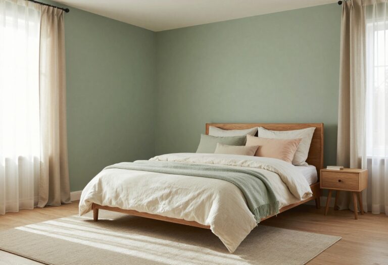 Cozy sage green bedroom with layered bedding and natural light