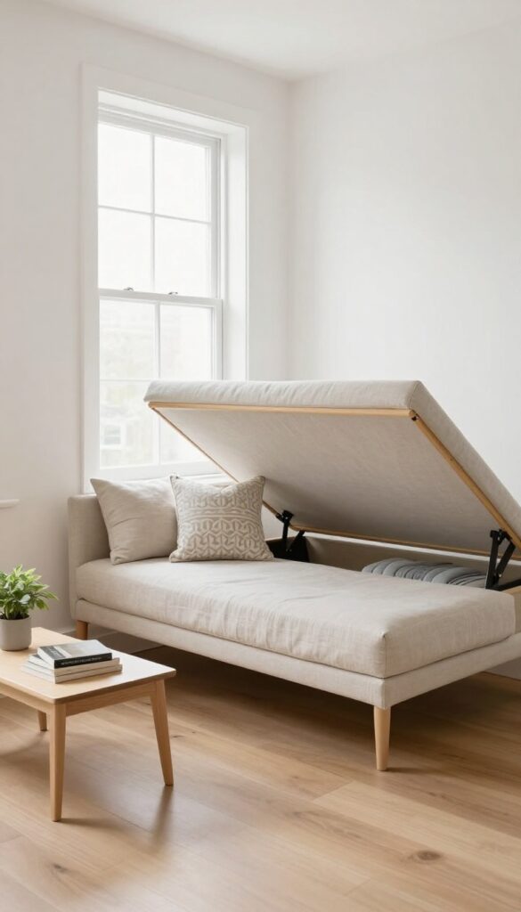 Under-window storage bench in a bright bedroom with natural light, upholstered in pale linen, with hidden storage compartment visible.