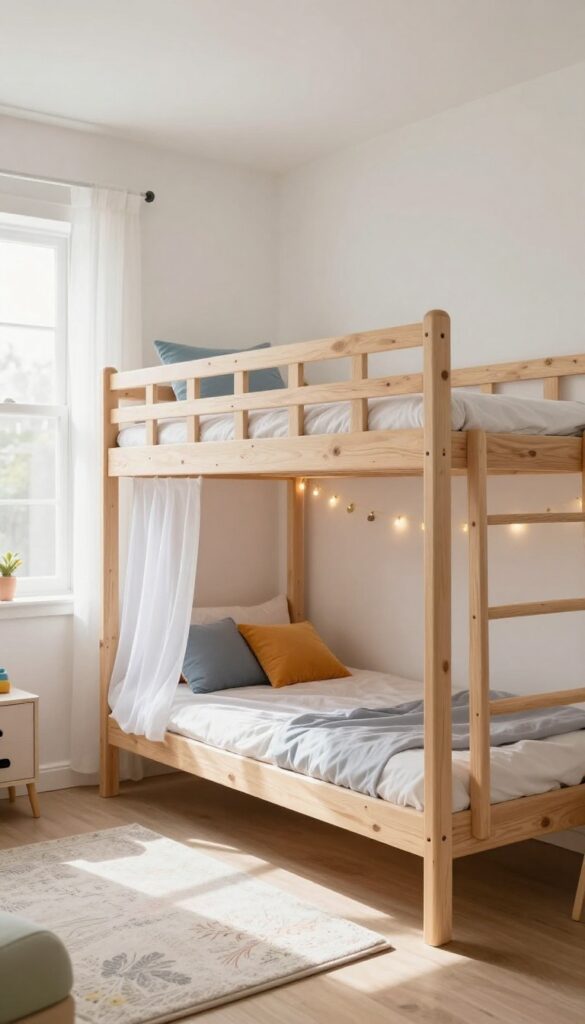 Loft bed with playhouse underneath in a bright children's bedroom