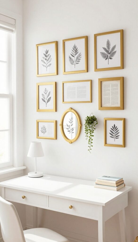 A gallery wall with thrifted frames painted gold, filled with botanical prints and photos, above a desk in a bright preteen girl's bedroom.