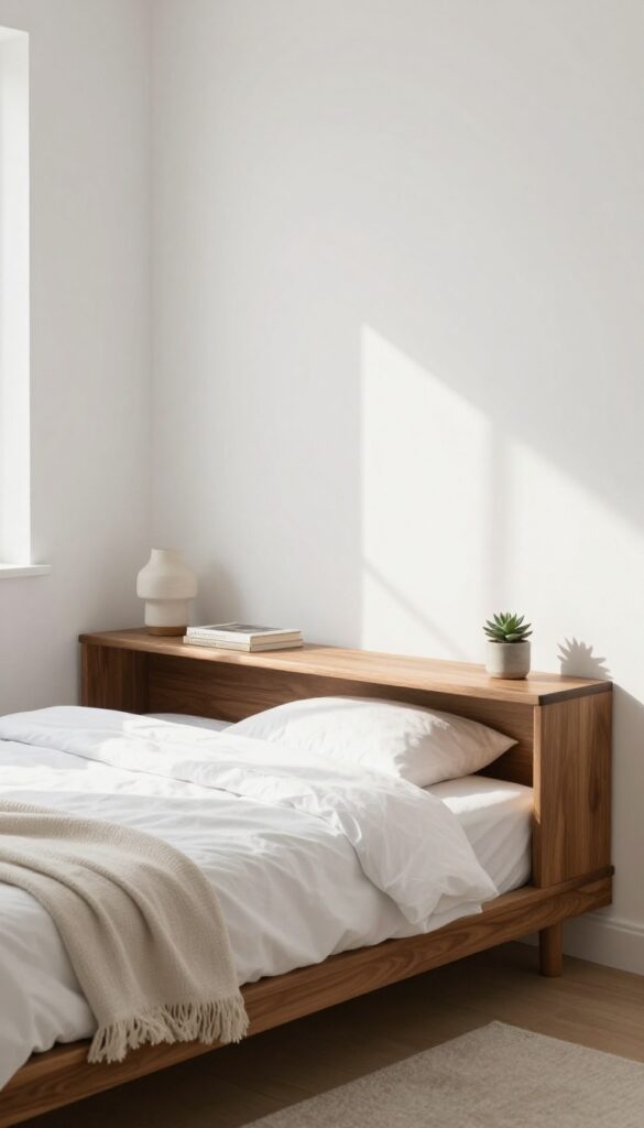 Small bedroom with a wall-mounted walnut nightstand beside a low platform bed, holding a lamp, book, and succulent, bright natural light, minimal and airy.