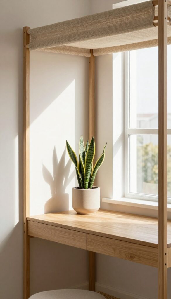 Teen girl bedroom with greenery and natural elements, snake plant on desk, jute rug, cotton canopy, bright natural light