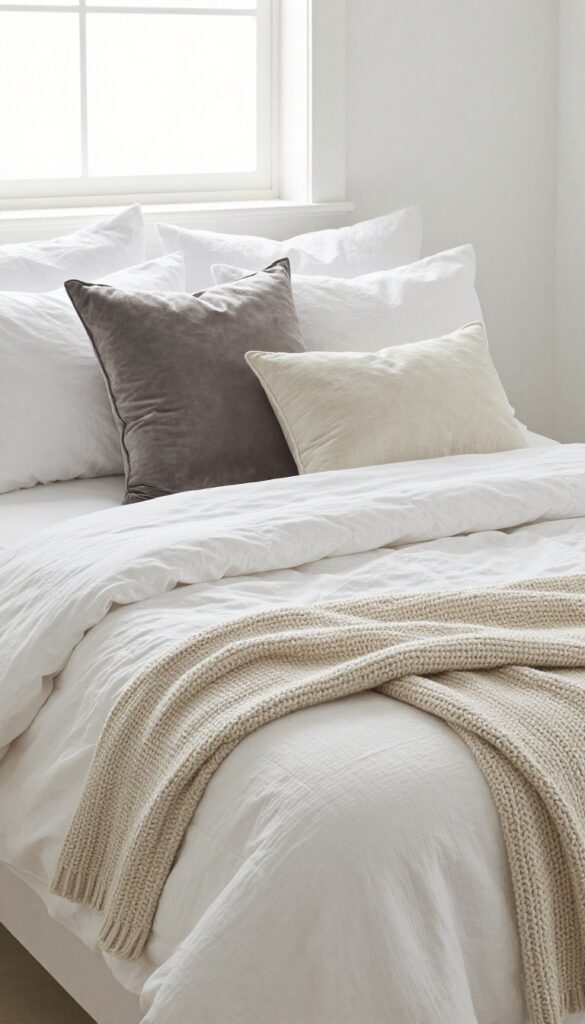 Plush layered bedding with chunky knit throw and mixed texture pillows on a bed in a small bedroom with natural light.