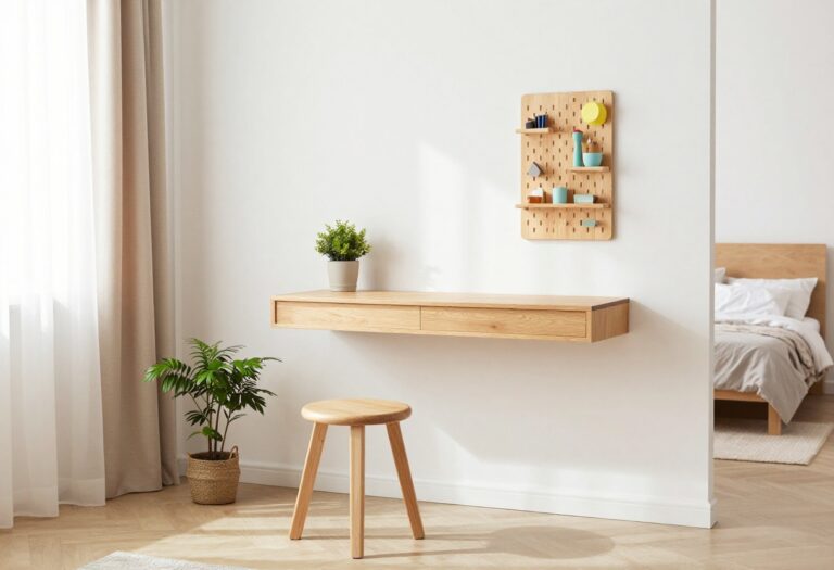 Small bedroom with a floating desk and pegboard organizer, natural light, cozy decor