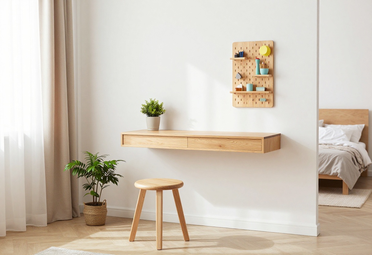 Small bedroom with a floating desk and pegboard organizer, natural light, cozy decor