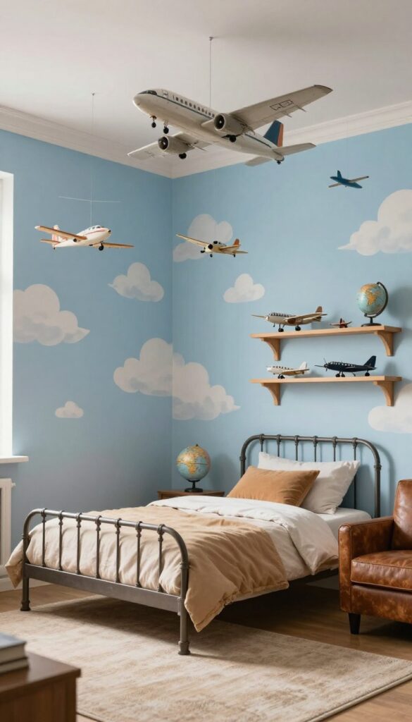 Cozy aviation-themed kids bedroom with model planes hanging from ceiling, blue sky mural, metal bed, leather armchair, and warm neutral decor.