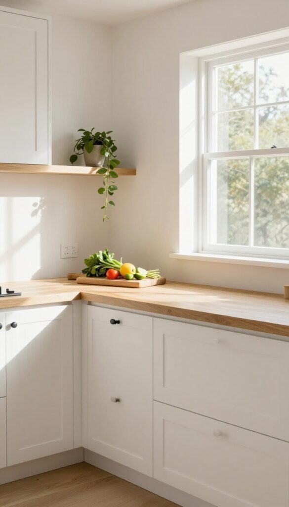 Light oak butcher block countertop in a white kitchen with natural light, matte black hardware, and a plant on an open shelf.