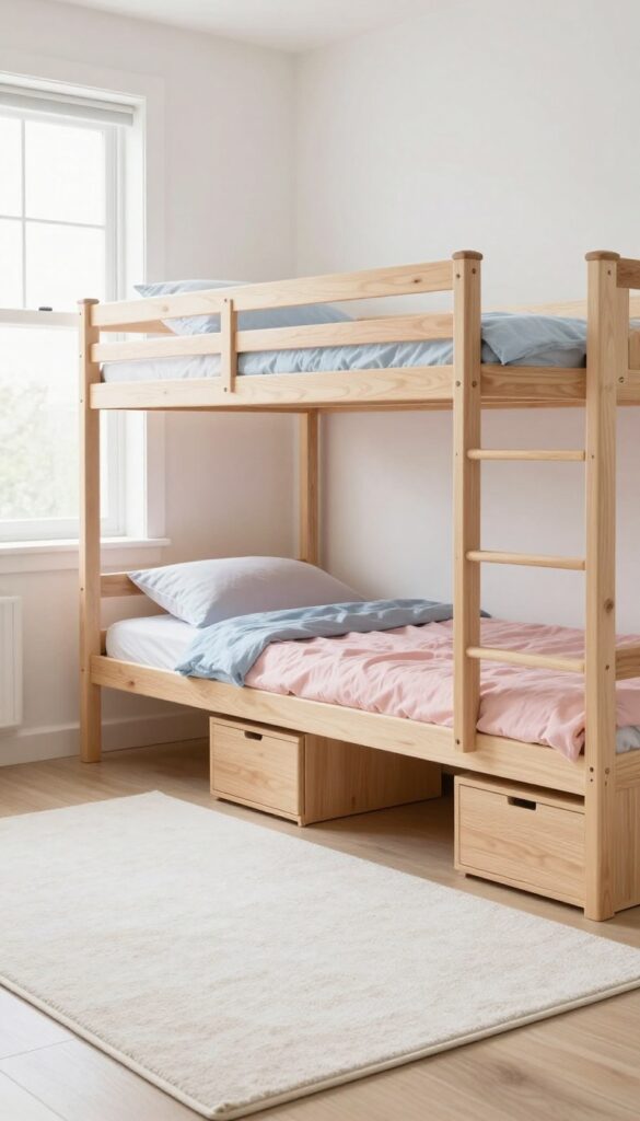 Low-profile bunk beds with platform storage in a light and airy shared bedroom.